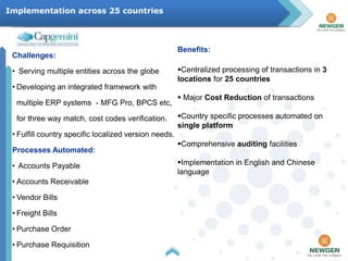 Implementation across 25 countries




                                                       Benefits:
 Challenges:

 • Serving multiple entities across the globe          Centralized processing of transactions in 3
                                                       locations for 25 countries
 • Developing an integrated framework with
                                                        Major Cost Reduction of transactions
  multiple ERP systems - MFG Pro, BPCS etc,

  for three way match, cost codes verification.        Country specific processes automated on
                                                       single platform
 • Fulfill country specific localized version needs.
                                                       Comprehensive auditing facilities
 Processes Automated:

 • Accounts Payable                                    Implementation in English and Chinese
                                                       language
 • Accounts Receivable

 • Vendor Bills

 • Freight Bills

 • Purchase Order

 • Purchase Requisition
 