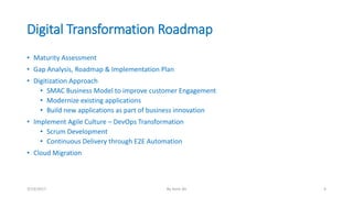 Digital Transformation Roadmap
• Maturity Assessment
• Gap Analysis, Roadmap & Implementation Plan
• Digitization Approach
• SMAC Business Model to improve customer Engagement
• Modernize existing applications
• Build new applications as part of business innovation
• Implement Agile Culture – DevOps Transformation
• Scrum Development
• Continuous Delivery through E2E Automation
• Cloud Migration
3/13/2017 By Asim Ali 4
 
