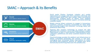 SMAC – Approach & its Benefits
• Social media (Twitter, Facebook, LinkedIn, etc.) enable
organizations to engage with their customers informally and
acquire insights about their likes, dislikes, habits and physical
whereabouts, enabling banks to deliver more targeted
messages and provide individual support, ultimately boosting
customer loyalty.
• Mobile channel allows customers to engage in transactions
anywhere, anytime, increasing convenience for them while
also providing insights into customers’ on-the-go habits and
preferences which help
• Applying data analytics technology to analyze the data
gathered from customers’ social and mobile behavior enables
organizations to gain a more granular understanding of their
customers’ preferences and serve customers based on these
insights;
• Cloud technology provides the platform and infrastructure to
deliver customized technology and services in real time.
Leveraging cloud technology allows organizations to collect
and deliver data anywhere, anytime, at a global scale, while
dramatically transforming fixed costs into variable ones.
3/13/2017 By Asim Ali 5
 