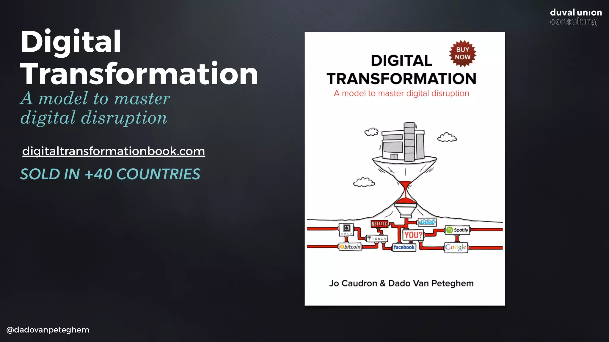 Digital
Transformation
A model to master
digital disruption
SOLD IN +40 COUNTRIES
@dadovanpeteghem
digitaltransformationbook.com
 