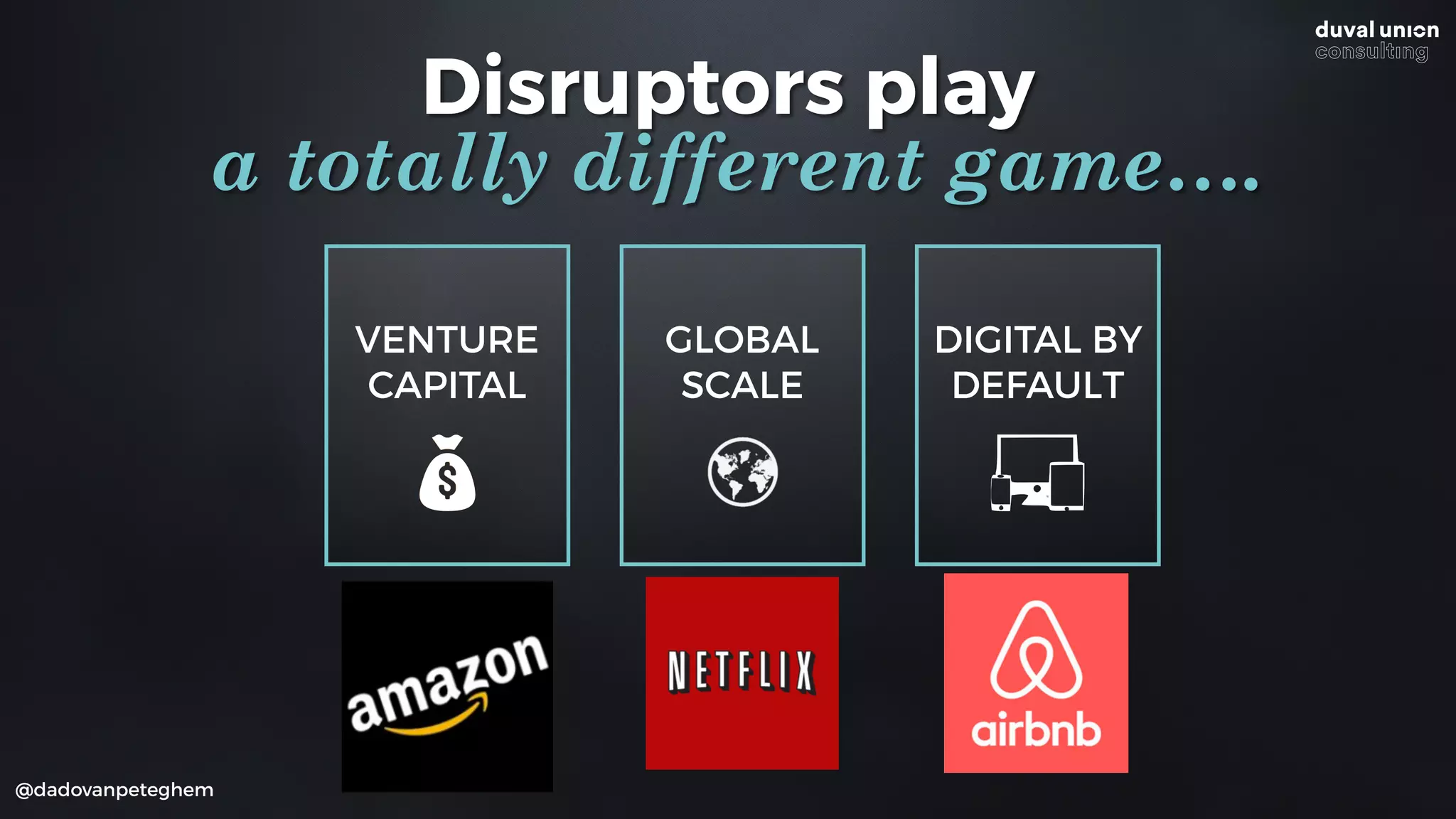 VENTURE
CAPITAL
@dadovanpeteghem
GLOBAL
SCALE
Disruptors play
a totally different game….
DIGITAL BY
DEFAULT
 