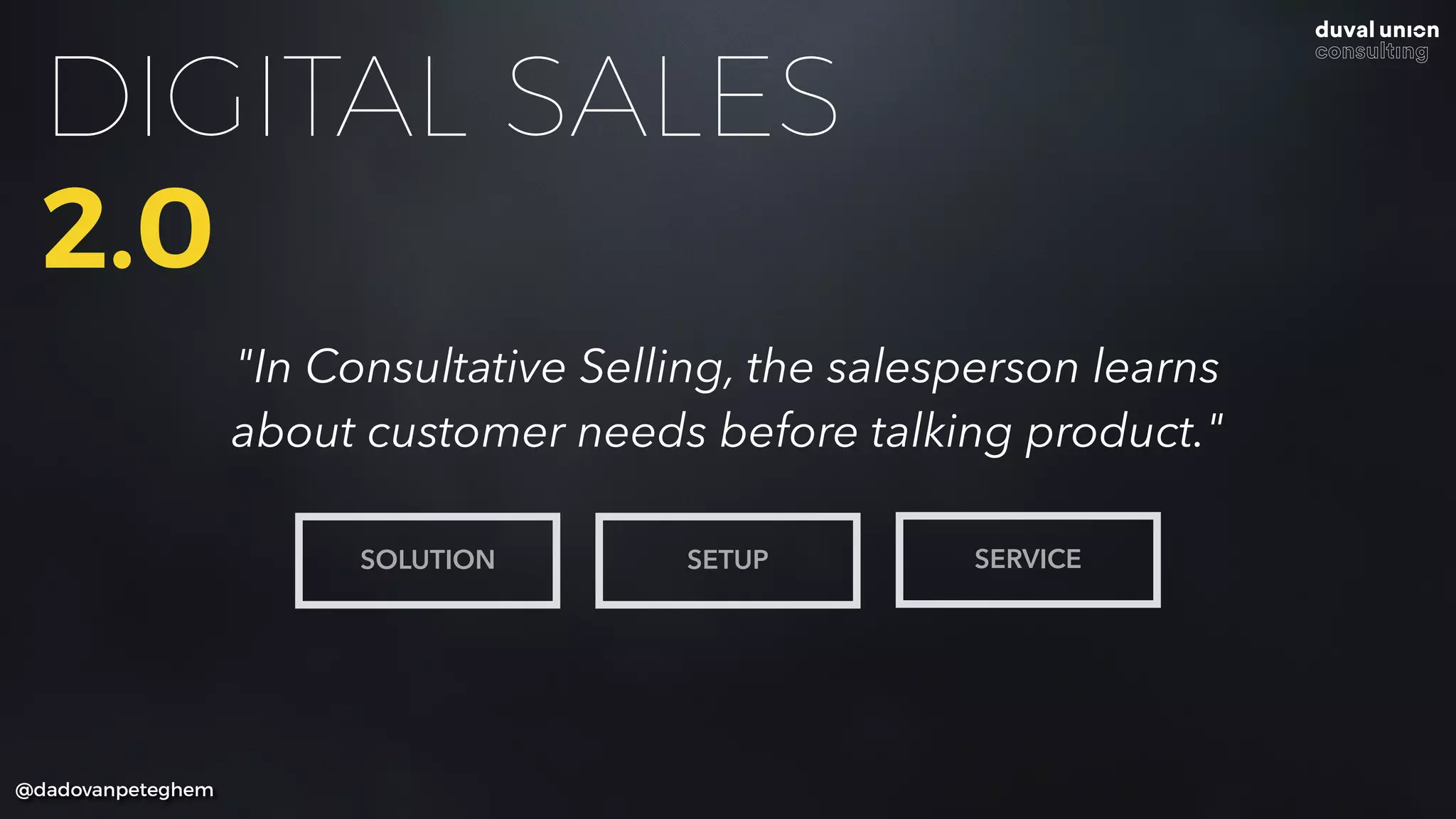 @dadovanpeteghem
DIGITAL SALES
2.0
"In Consultative Selling, the salesperson learns
about customer needs before talking product."
SOLUTION SETUP SERVICE
 