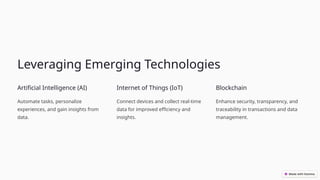 Leveraging Emerging Technologies
Artificial Intelligence (AI)
Automate tasks, personalize
experiences, and gain insights from
data.
Internet of Things (IoT)
Connect devices and collect real-time
data for improved efficiency and
insights.
Blockchain
Enhance security, transparency, and
traceability in transactions and data
management.
 