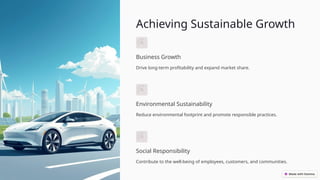 Achieving Sustainable Growth
Business Growth
Drive long-term profitability and expand market share.
Environmental Sustainability
Reduce environmental footprint and promote responsible practices.
Social Responsibility
Contribute to the well-being of employees, customers, and communities.
 