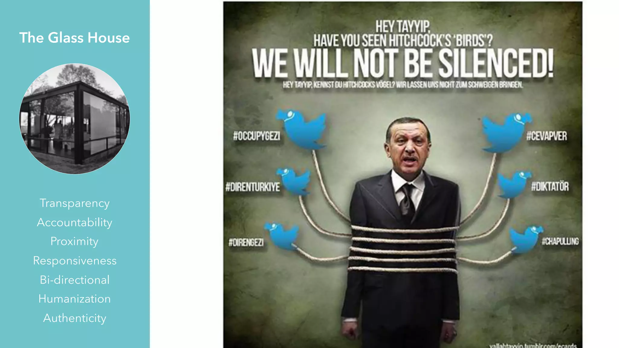 Transparency
Accountability
Proximity
Responsiveness
Bi-directional
Humanization
Authenticity
The Glass House
 