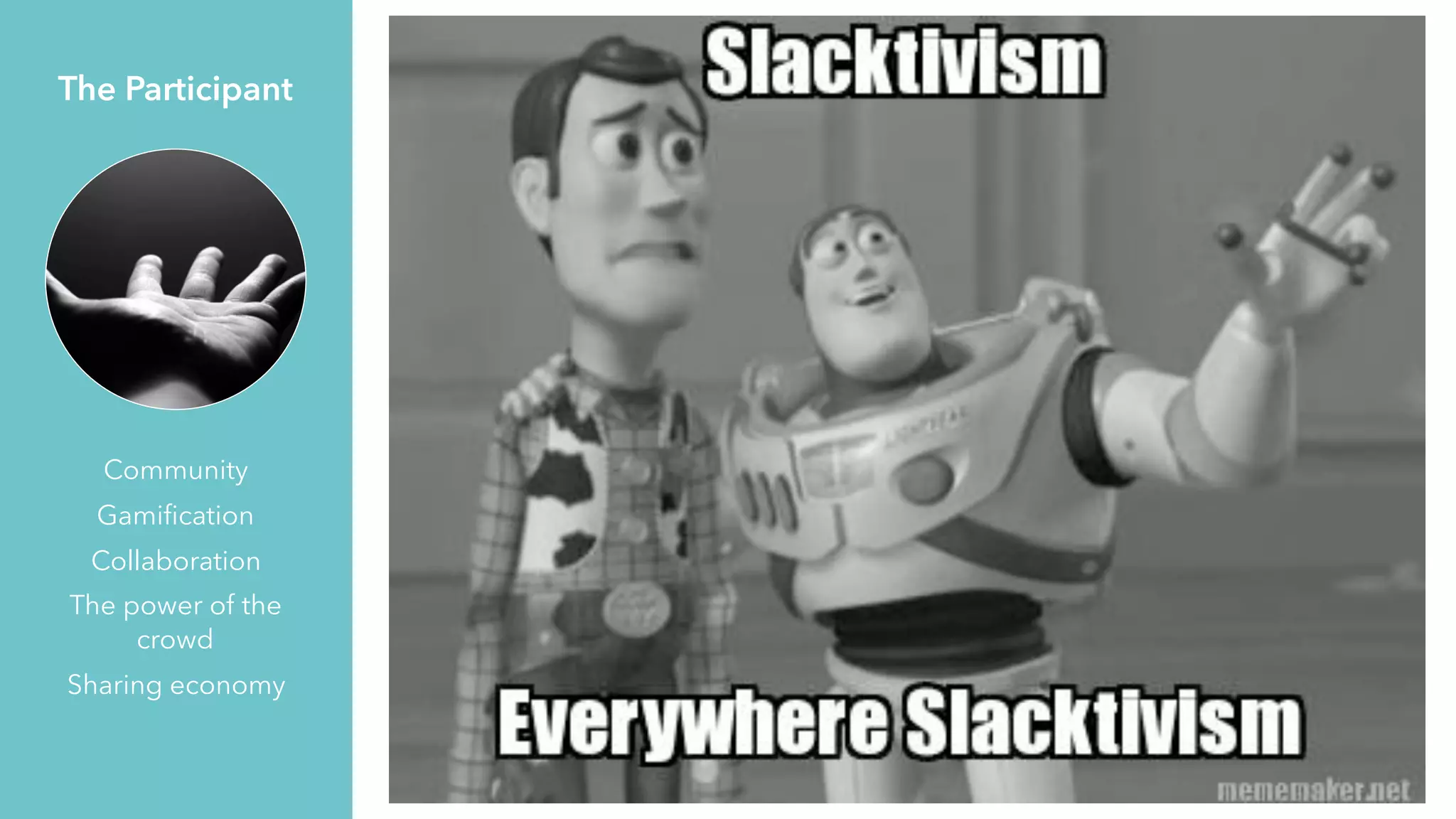 The Participant
Community
Gamiﬁcation
Collaboration
The power of the
crowd
Sharing economy
 