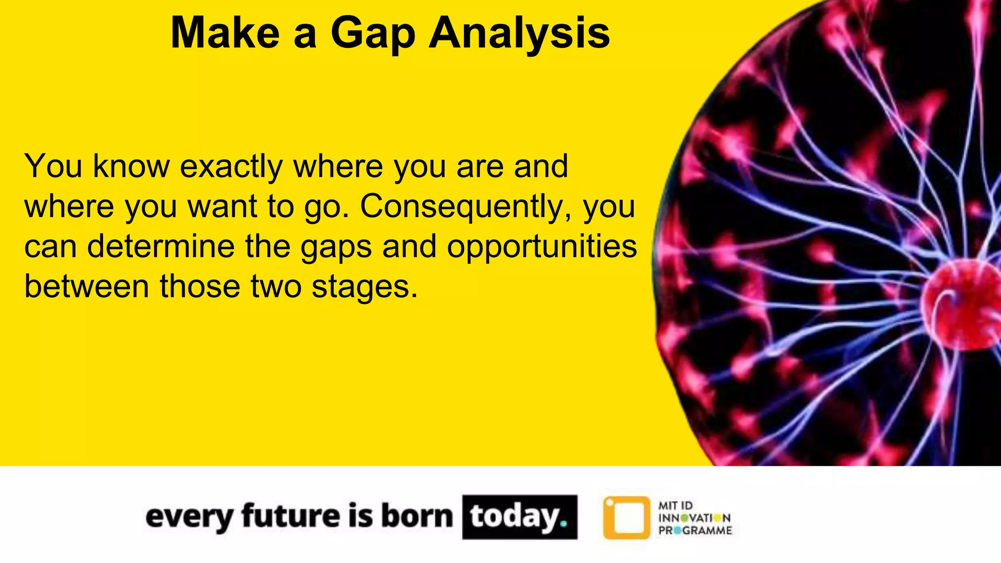 You know exactly where you are and
where you want to go. Consequently, you
can determine the gaps and opportunities
between those two stages.
Make a Gap Analysis
 