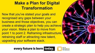 Now that you've stated your goals and
recognised any gaps between your
business and those objectives, you can
create a strategic plan to help you achieve
your vision. Make a plan to move from
point 1 to point 2. Reframing infrastructure,
retraining staff or attracting new talent,
upgrading your software stack.
Make a Plan for Digital
Transformation
 