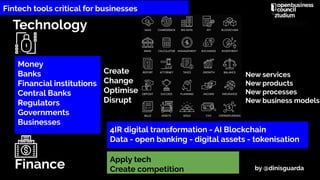 Technology
Finance
Money
Banks
Financial institutions
Central Banks
Regulators
Governments
Businesses
Create
Change
Optimise
Disrupt
Apply tech
Create competition
New services
New products
New processes
New business models
4IR digital transformation - AI Blockchain
Data - open banking - digital assets - tokenisation
Fintech tools critical for businesses
by @dinisguarda
 