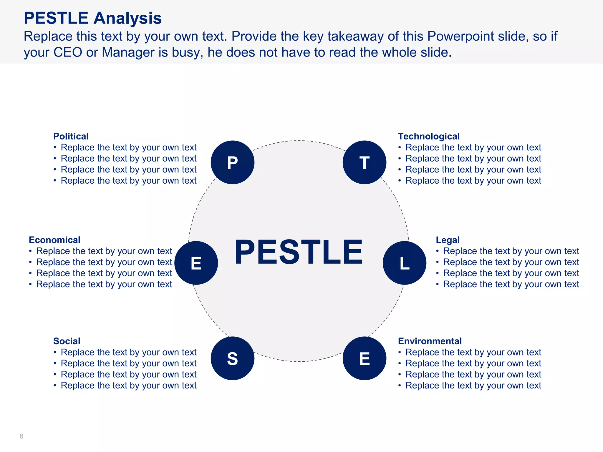 66
PESTLE Analysis
Replace this text by your own text. Provide the key takeaway of this Powerpoint slide, so if
your CEO or Manager is busy, he does not have to read the whole slide.
PESTLE
P
E
S
T
E
L
Technological
• Replace the text by your own text
• Replace the text by your own text
• Replace the text by your own text
• Replace the text by your own text
Legal
• Replace the text by your own text
• Replace the text by your own text
• Replace the text by your own text
• Replace the text by your own text
Environmental
• Replace the text by your own text
• Replace the text by your own text
• Replace the text by your own text
• Replace the text by your own text
Political
• Replace the text by your own text
• Replace the text by your own text
• Replace the text by your own text
• Replace the text by your own text
Economical
• Replace the text by your own text
• Replace the text by your own text
• Replace the text by your own text
• Replace the text by your own text
Social
• Replace the text by your own text
• Replace the text by your own text
• Replace the text by your own text
• Replace the text by your own text
 