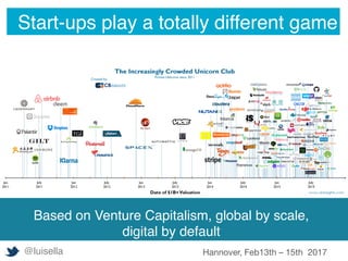 Based on Venture Capitalism, global by scale,
digital by default
Start-ups play a totally different game
@luisella Hannover, Feb13th – 15th 2017
 