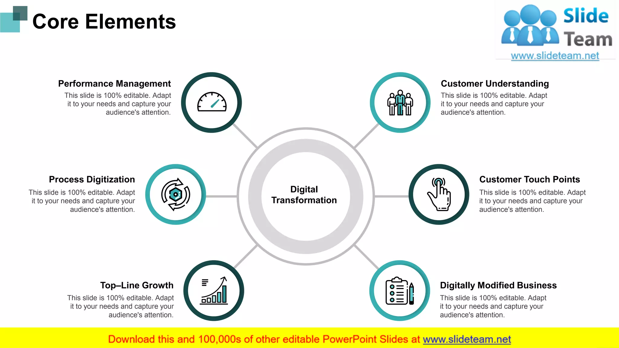Core Elements
Digital
Transformation
Performance Management
This slide is 100% editable. Adapt
it to your needs and capture your
audience's attention.
Process Digitization
This slide is 100% editable. Adapt
it to your needs and capture your
audience's attention.
Top–Line Growth
This slide is 100% editable. Adapt
it to your needs and capture your
audience's attention.
Customer Understanding
This slide is 100% editable. Adapt
it to your needs and capture your
audience's attention.
Customer Touch Points
This slide is 100% editable. Adapt
it to your needs and capture your
audience's attention.
Digitally Modified Business
This slide is 100% editable. Adapt
it to your needs and capture your
audience's attention.
4
 