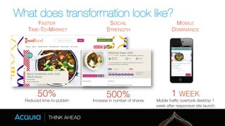 What does transformation look like? 
500%! 
Increase in number of shares 
50%! 
Reduced time-to-publish 
MOBILE! 
DOMINANCE! 
Mobile traffic overtook desktop 1 
week after responsive site launch 
FASTER! 
TIME-TO-MARKET! 
SOCIAL ! 
STRENGTH! 
1 WEEK! 
 
