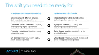 The shift you need to be ready for 
Traditional Information Technology! 
Siloed teams with different solutions 
delivering disjointed experiences! 
Disciplined (slow) processes for building 
and deploying digital experiences! 
Proprietary solutions whose technology 
evolves too slow! 
On-premise infrastructure with rigid & 
costly capital expenses! 
New Business Technology ! 
Integrated teams with a shared solution 
delivering unified experiences! 
Agile (fast) process for building and 
deploying digital experiences! 
Open Source solutions that evolve at the 
speed of the web! 
Cloud-based infrastructure with flexible and 
lower cost operational expenses! 
 