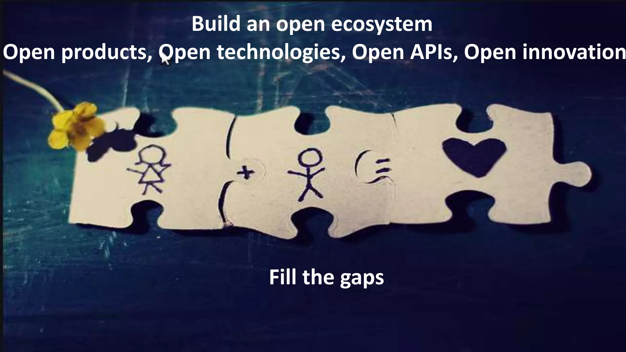 Build an open ecosystem
Open products, Open technologies, Open APIs, Open innovation
Fill the gaps
 
