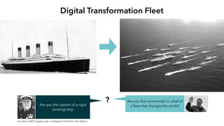 Digital Transformation Fleet
?Are you the captain of a rigid
(sinking) ship
Are you the commander in chief of
a ﬂeet that changes the world?
(no, this is NOT Captain Iglo, it’s Edward Smith from the Titanic)
 