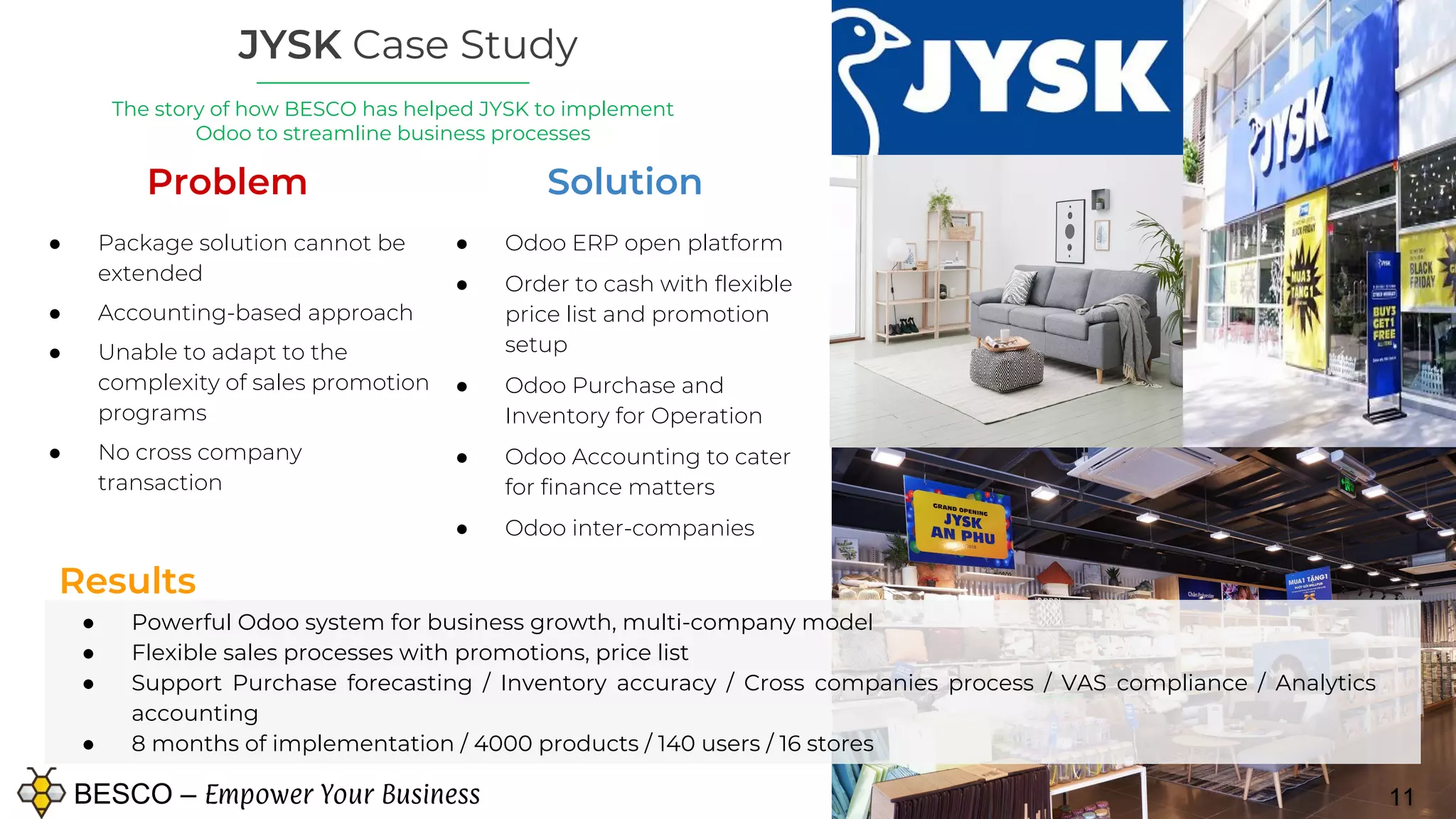BESCO – Empower Your Business
Solution
● Odoo ERP open platform
● Order to cash with flexible
price list and promotion
setup
● Odoo Purchase and
Inventory for Operation
● Odoo Accounting to cater
for finance matters
● Odoo inter-companies
11
The story of how BESCO has helped JYSK to implement
Odoo to streamline business processes
JYSK Case Study
Problem
● Package solution cannot be
extended
● Accounting-based approach
● Unable to adapt to the
complexity of sales promotion
programs
● No cross company
transaction
Results
● Powerful Odoo system for business growth, multi-company model
● Flexible sales processes with promotions, price list
● Support Purchase forecasting / Inventory accuracy / Cross companies process / VAS compliance / Analytics
accounting
● 8 months of implementation / 4000 products / 140 users / 16 stores
 