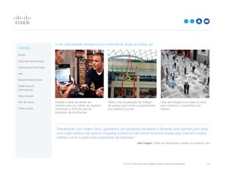 © 2015 Cisco e/ou suas afiliadas. Todos os direitos reservados. 	 10

A intu está obtendo vantagens com a Internet de Todas as Coisas. ao:
Ampliar a base de dados de
clientes para um milhão de registros
individuais e 50% de taxa de
aceitação de promoções
Obter uma visualização do tráfego
de passos para medir a popularidade
dos eventos e locais
Usar tecnologias com base no local
para melhorar a experiência do
cliente
“Trabalhando com redes Cisco, ganhamos um backbone escalável e eficiente que usamos para obter
uma visão holística de nossos shopping centers e criar novos recursos visuais que colocam nossos
clientes como a parte mais importante da empresa.”
Gian Fulgoni, Chefe de informações e diretor de sistemas, intu
Varejo
Barilla
Columbia Sportswear
Distribuidora Del Papa
intu
Mayland Real Estate
MGM Resorts
International
Stary Browar
FF da Tesco
Trinity Leeds
 