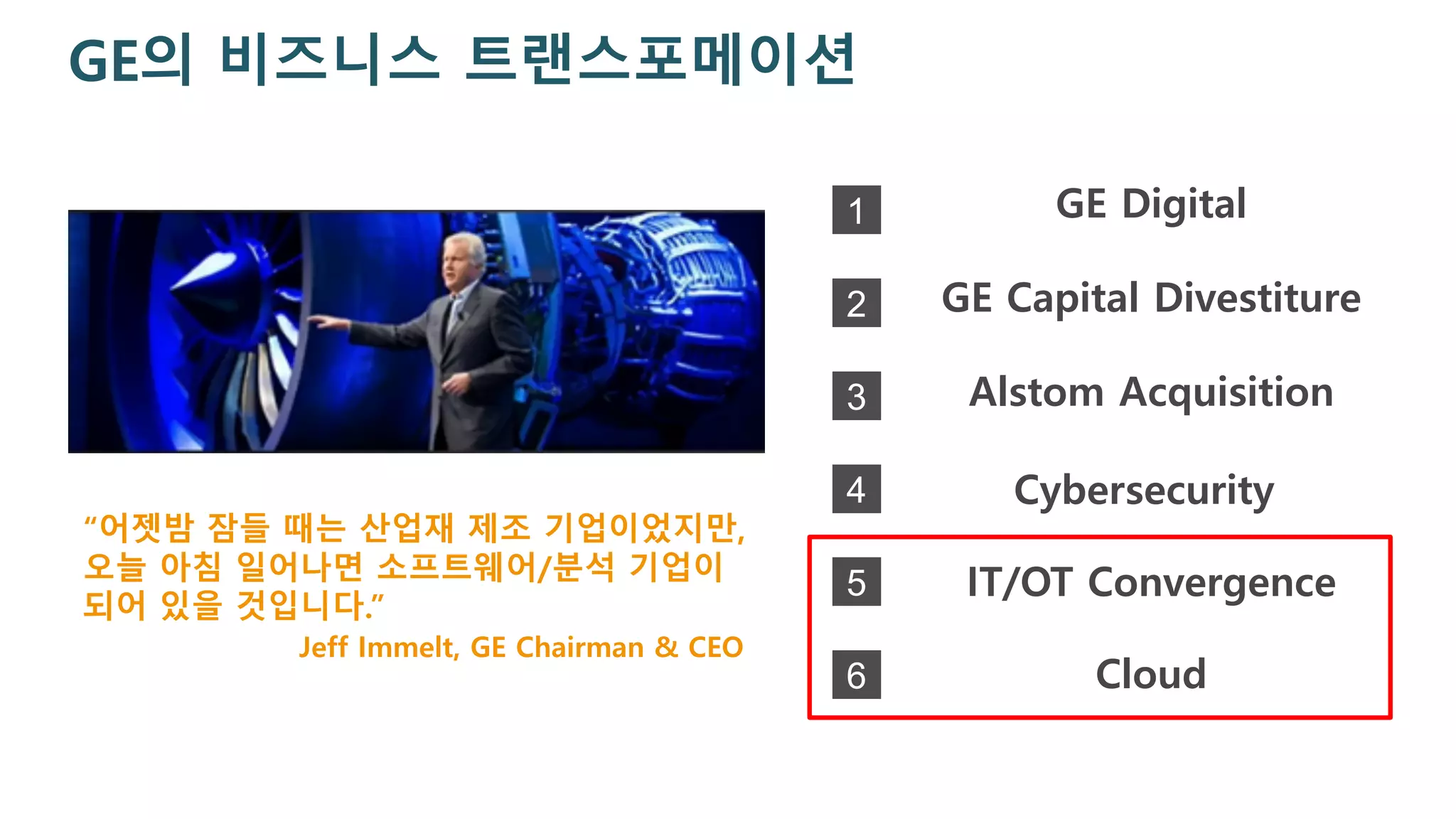 GE의 비즈니스 트랜스포메이션
GE Digital
GE Capital Divestiture
Alstom Acquisition
IT/OT Convergence
Cybersecurity
Cloud
1
2
3
4
5
6
“어젯밤 잠들 때는 산업재 제조 기업이었지만,
오늘 아침 일어나면 소프트웨어/분석 기업이
되어 있을 것입니다.”
Jeff Immelt, GE Chairman & CEO
 