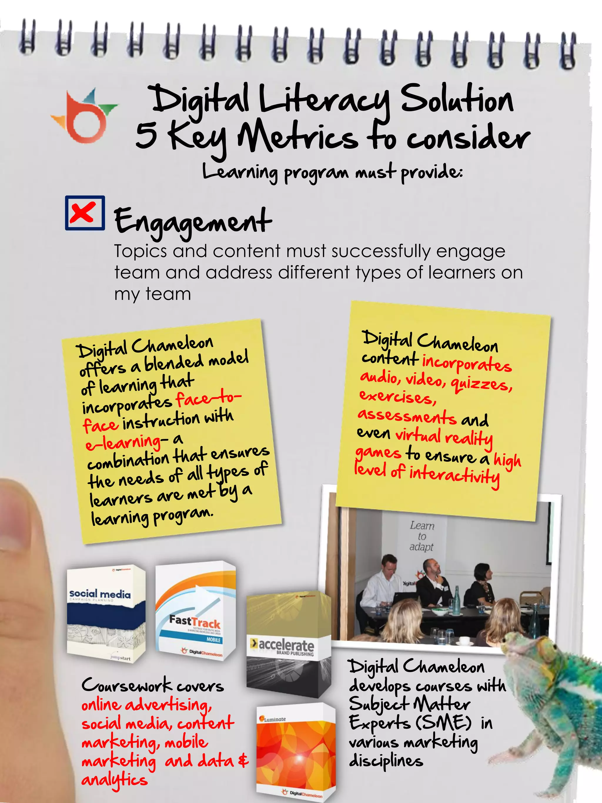 Digital Literacy Solution
      5 Key Metrics to consider
               Learning program must provide:

x   Engagement
    Topics and content must successfully engage
    team and address different types of learners on
    my team




                               Digital Chameleon
Coursework covers              develops courses with
online advertising,            Subject Matter
social media, content          Experts (SME) in
marketing, mobile              various marketing
marketing and data &           disciplines
analytics
 