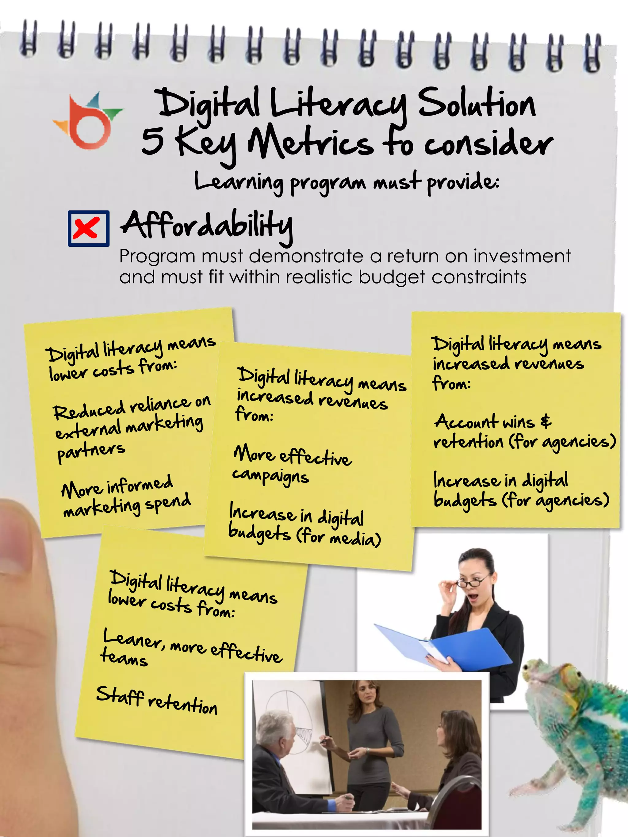 Digital Literacy Solution
      5 Key Metrics to consider
            Learning program must provide:

x   Affordability
    Program must demonstrate a return on investment
    and must fit within realistic budget constraints
 