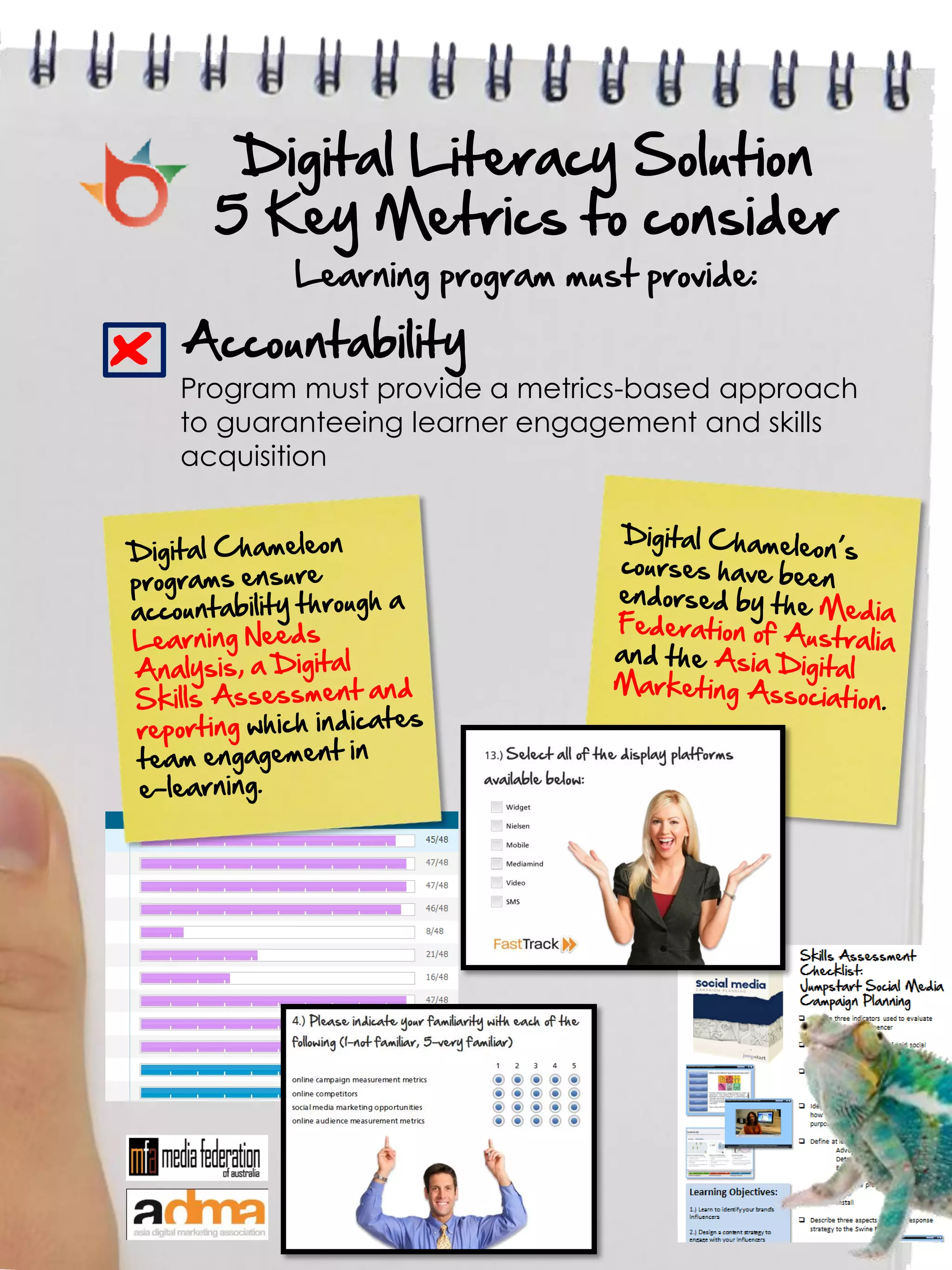 Digital Literacy Solution
      5 Key Metrics to consider
           Learning program must provide:

x   Accountability
    Program must provide a metrics-based approach
    to guaranteeing learner engagement and skills
    acquisition
 