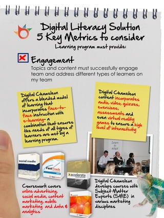 Digital Literacy Solution
      5 Key Metrics to consider
               Learning program must provide:

x   Engagement
    Topics and content must successfully engage
    team and address different types of learners on
    my team




                               Digital Chameleon
Coursework covers              develops courses with
online advertising,            Subject Matter
social media, content          Experts (SME) in
marketing, mobile              various marketing
marketing and data &           disciplines
analytics
 