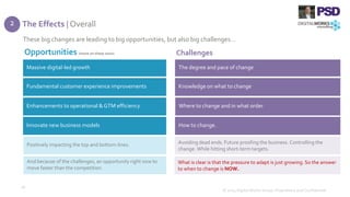 Fundamental customer experience improvements
Massive digital-led growth
What is clear is that the pressure to adapt is just growing. So the answer
to when to change is NOW.
The Effects | Overall
© 2014 Digital Works Group. Proprietary and Confidential
16
Opportunities (more on these soon) Challenges
These big changes are leading to big opportunities, but also big challenges…
The degree and pace of change
Enhancements to operational & GTM efficiency
Innovate new business models
Positively impacting the top and bottom-lines.
Where to change and in what order
How to change.
Avoiding dead ends. Future proofing the business. Controlling the
change. While hitting short-term targets.
And because of the challenges, an opportunity right now to
move faster than the competition.
Knowledge on what to change
2
 