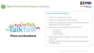 Digital Transformation Change | Case Study
© 2015 Digital Works Group. Proprietary and Confidential
28
Launch of Free broadband
• A clearVision defined by PLC Board
• Clear priority established across the business
• Proposition/strategy, goals, budget, timeline defined at onset –
regular reporting, communications
• DedicatedTeam established to launch the business
• New channels
• New network
• New technology
• New Contact Centre
• Effective stakeholder management – taking everyone along
the journey
• Flexibility– agility was key to launching so fast and adapting to
the huge demand
3
 