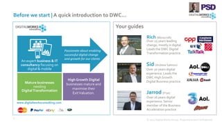 Mature businesses
needing
DigitalTransformation
An expert business & IT
consultancy focusing on
digital & mobile
Before we start | A quick introduction to DWC…
© 2015 Digital Works Group. Proprietary and Confidential
3
Passionate about enabling
successful digital change
and growth for our clients
High Growth Digital
businesses mature and
maximise their
ExitValuation.
Rich (Morecroft)
Over 25 years leading
change, mostly in digital.
Leads the DWC Digital
Transformation practice.
Sid (Andrew Salmon)
Over 20 years digital
experience. Leads the
DWC High Growth
Digital Business practice.
Jarrod (Frye)
Your guides
Over 16 years digital
experience. Senior
member of the Business
Acceleration practice
www.digitalworksconsulting.com
 