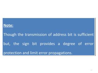Note: 
Though the transmission of address bit is sufficient 
but, the sign bit provides a degree of error 
protection and limit error propagations. 
Note: 
Though the transmission of address bit is sufficient 
but, the sign bit provides a degree of error 
protection and limit error propagations. 
4.39 
 