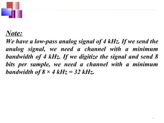 Note: 
We have a low-pass analog signal of 4 kHz. If we send the 
analog signal, we need a channel with a minimum 
bandwidth of 4 kHz. If we digitize the signal and send 8 
bits per sample, we need a channel with a minimum 
bandwidth of 8 × 4 kHz = 32 kHz. 
4.9 
 