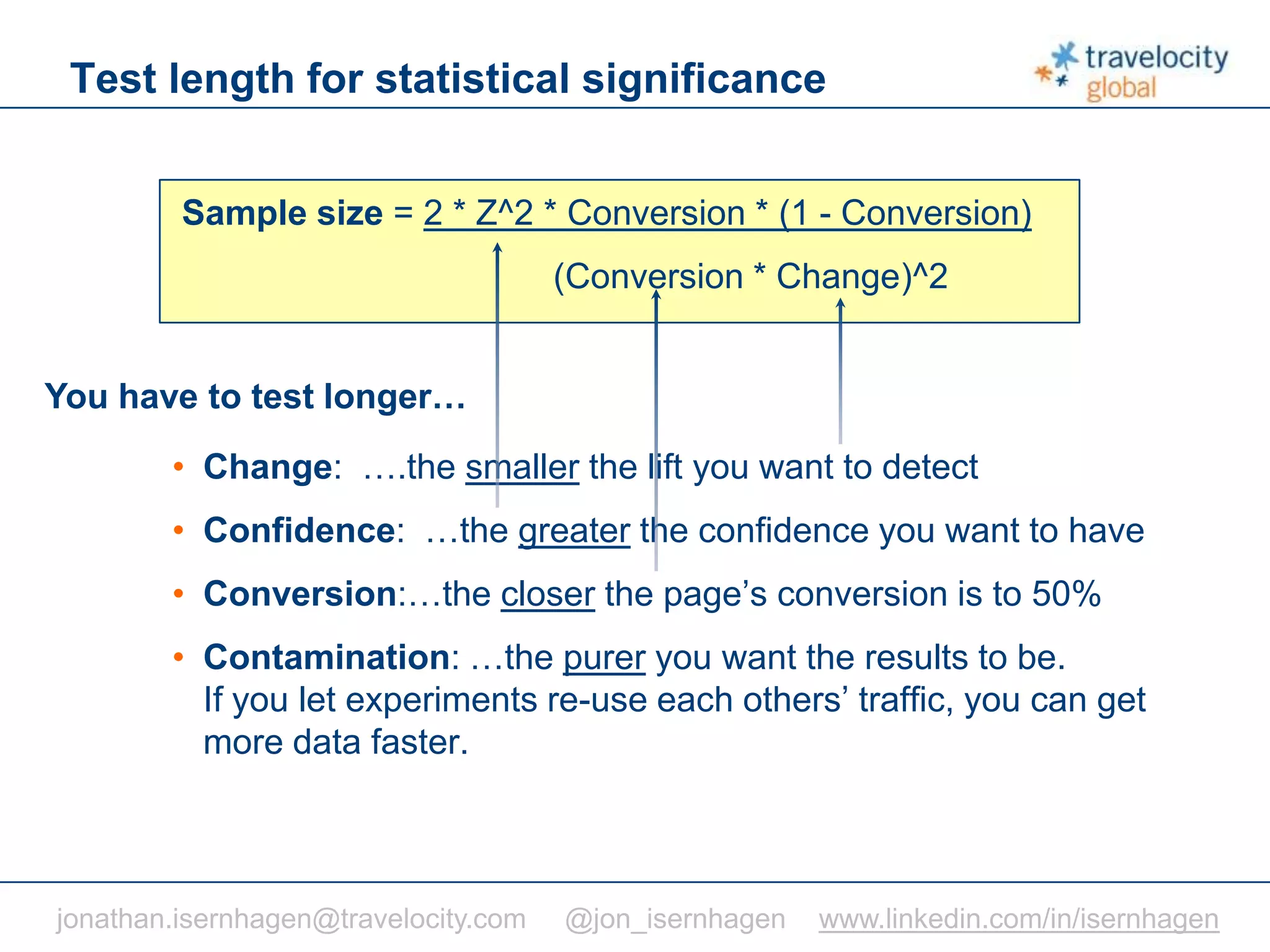 C O N F I D E N T I A L
Test length for statistical significance
Sample size = 2 * Z^2 * Conversion * (1 - Conversion)
(Conversion * Change)^2
• Change: ….the smaller the lift you want to detect
• Confidence: …the greater the confidence you want to have
• Conversion:…the closer the page’s conversion is to 50%
• Contamination: …the purer you want the results to be.
If you let experiments re-use each others’ traffic, you can get
more data faster.
jonathan.isernhagen@travelocity.com @jon_isernhagen www.linkedin.com/in/isernhagen
You have to test longer…
 