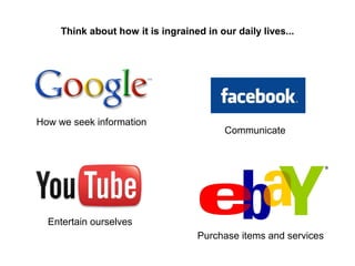 Think about how it is ingrained in our daily lives...
Communicate
Entertain ourselves
Purchase items and services
How we seek information
 