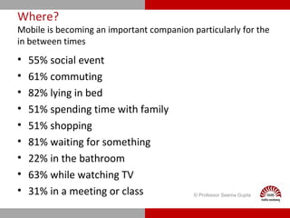Where?
Mobile is becoming an important companion particularly for the
in between times
• 55% social event
• 61% commuting
• 82% lying in bed
• 51% spending time with family
• 51% shopping
• 81% waiting for something
• 22% in the bathroom
• 63% while watching TV
• 31% in a meeting or class © Professor Seema Gupta
 