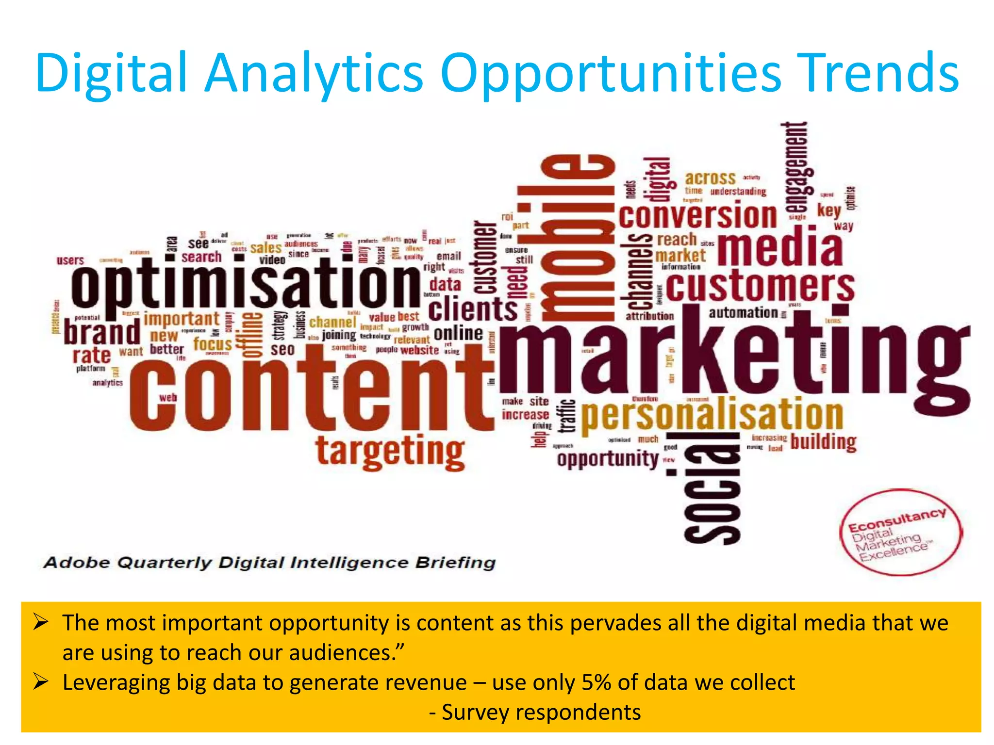 Digital Analytics Opportunities Trends
 The most important opportunity is content as this pervades all the digital media that we
are using to reach our audiences.”
 Leveraging big data to generate revenue – use only 5% of data we collect
- Survey respondents
 