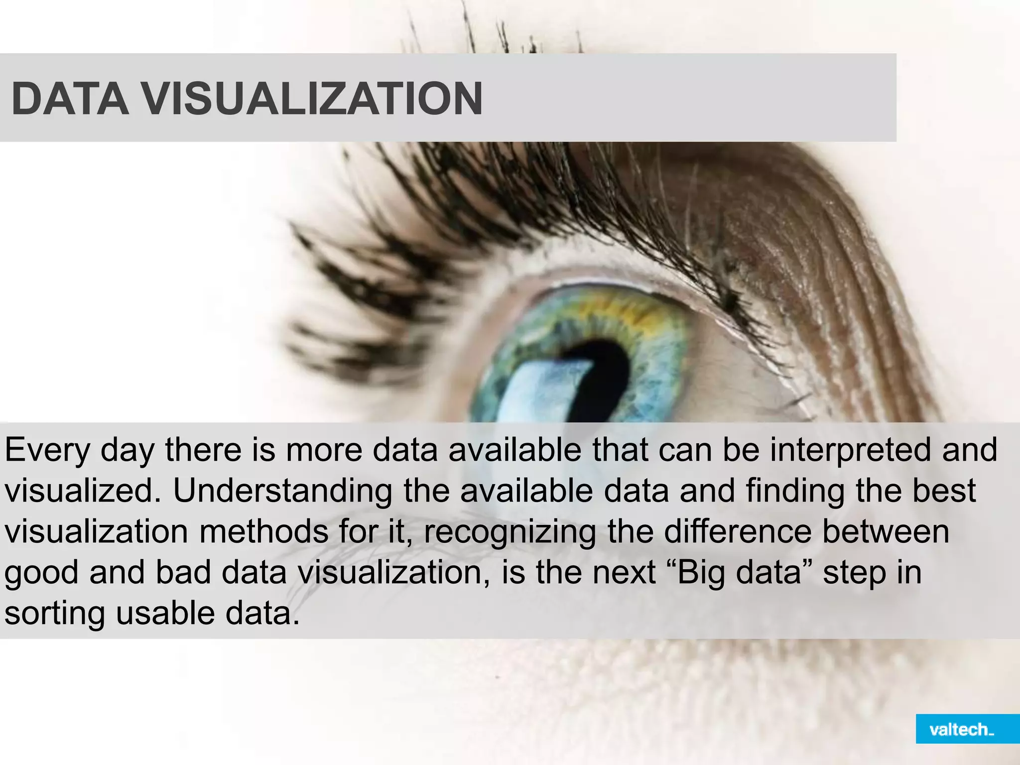 DATA VISUALIZATION
Every day there is more data available that can be interpreted and
visualized. Understanding the available data and finding the best
visualization methods for it, recognizing the difference between
good and bad data visualization, is the next “Big data” step in
sorting usable data.
 