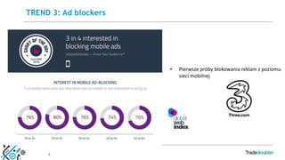 6
TREND 3: Ad blockers
Źródło: www.smartinsights.com/
• Pierwsze próby blokowania reklam z poziomu
sieci mobilnej
 