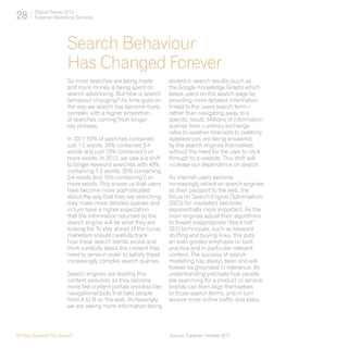 28      Digital Trends 2013
        Experian Marketing Services




                       Search Behaviour
                       Has Changed Forever
                       So more searches are being made            posted in search results (such as
                       and more money is being spent on           the Google Knowledge Graph) which
                       search advertising. But how is search      keeps users on the search page by
                       behaviour changing? As time goes on,       providing more detailed information
                       the way we search has become more          linked to the users search term –
                       complex with a higher proportion           rather than navigating away to a
                       of searches coming from longer             specific result. Millions of information
                       key phrases.                               queries from currency exchange
                                                                  rates to weather forecasts to celebrity
                       In 2011 50% of searches contained          appearances are being answered
                       just 1-2 words, 34% contained 3-4          by the search engines themselves
                       words and just 15% contained 5 or          without the need for the user to click
                       more words. In 2012, we saw a a shift      through to a website. This shift will
                       to longer keyword searches with 49%        increase our dependence on search.
                       containing 1-2 words, 35% containing
                       3-4 words and 16% containing 5 or          As internet users become
                       more words. This shows us that users       increasingly reliant on search engines
                       have become more sophisticated             as their passport to the web, the
                       about the way that they are searching;     focus on Search Engine Optimisation
                       they make more detailed queries and        (SEO) for marketers becomes
                       in turn have a higher expectation          exponentially more important. As the
                       that the information returned by the       main engines adjust their algorithms
                       search engine will be what they are        to thwart inappropriate “black hat”
                       looking for. To stay ahead of the curve,   SEO techniques, such as keyword
                       marketers should carefully track           stuffing and buying links, this puts
                       how these search trends evolve and         an even greater emphasis on best
                       think carefully about the content they     practice and in particular relevant
                       need to serve in order to satisfy these    content. The success of search
                       increasingly complex search queries.       marketing has always been and will
                                                                  forever be grounded in relevance. By
                       Search engines are leading this            understanding precisely how people
                       content evolution as they become           are searching for a product or service,
                       more like content portals and less like    brands can then align themselves
                       navigational tools that take people        to those search terms, and in turn
                       from A to B on the web. Increasingly       receive more online traffic and sales.
                       we are seeing more information being



[A New Dynamic For Search]                                        Source: Experian Hitwise 2012
 