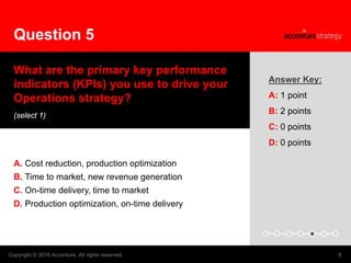 What are the primary key performance
indicators (KPIs) you use to drive your
Operations strategy?
(select 1)
A. Cost reduc...