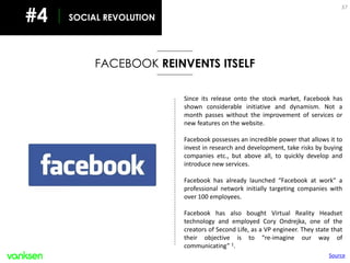 37
SOCIAL REVOLUTION#4
FACEBOOK REINVENTS ITSELF
Since its release onto the stock market, Facebook has
shown considerable ...