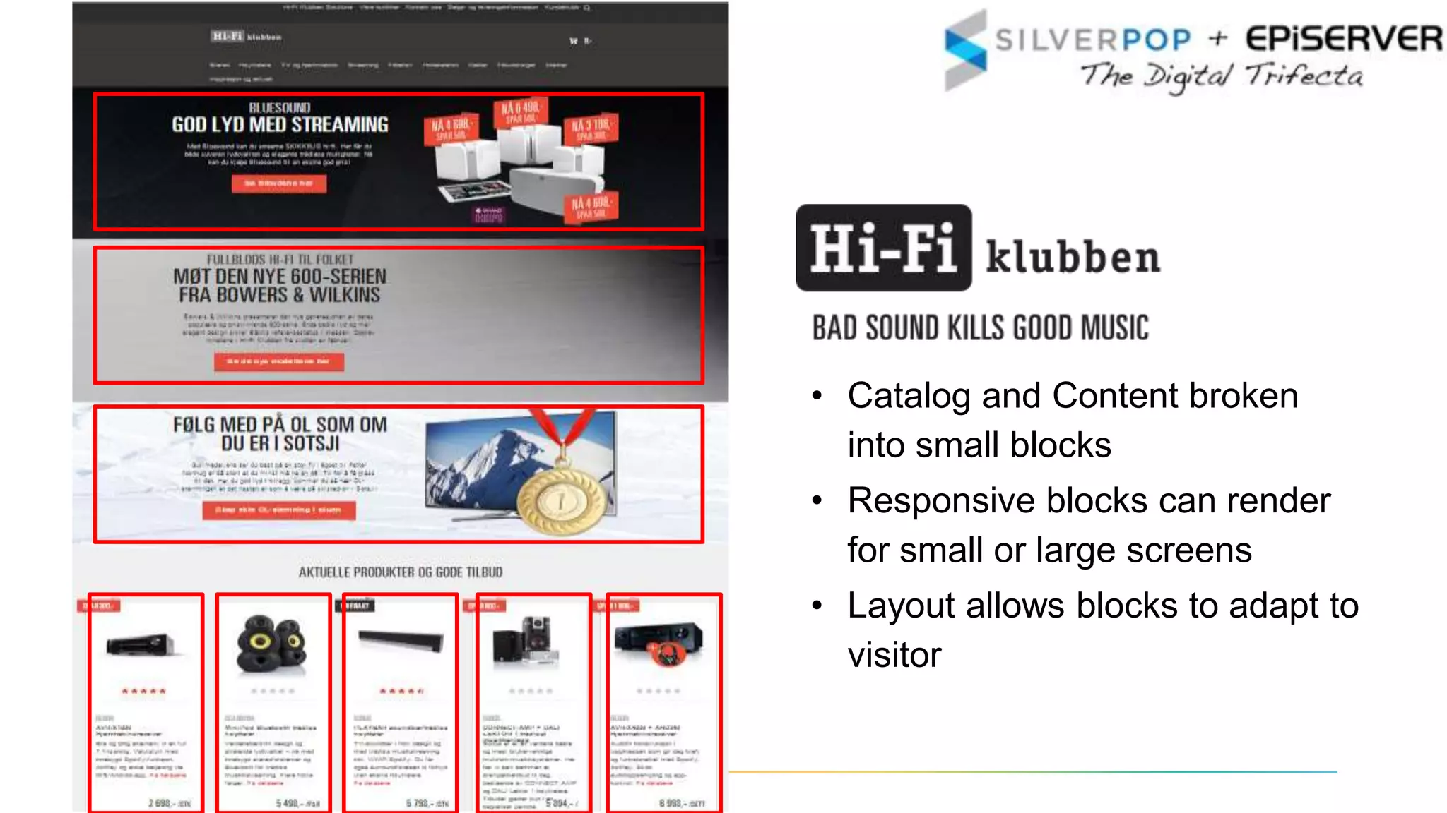 • Catalog and Content broken
into small blocks
• Responsive blocks can render
for small or large screens
• Layout allows blocks to adapt to
visitor
 