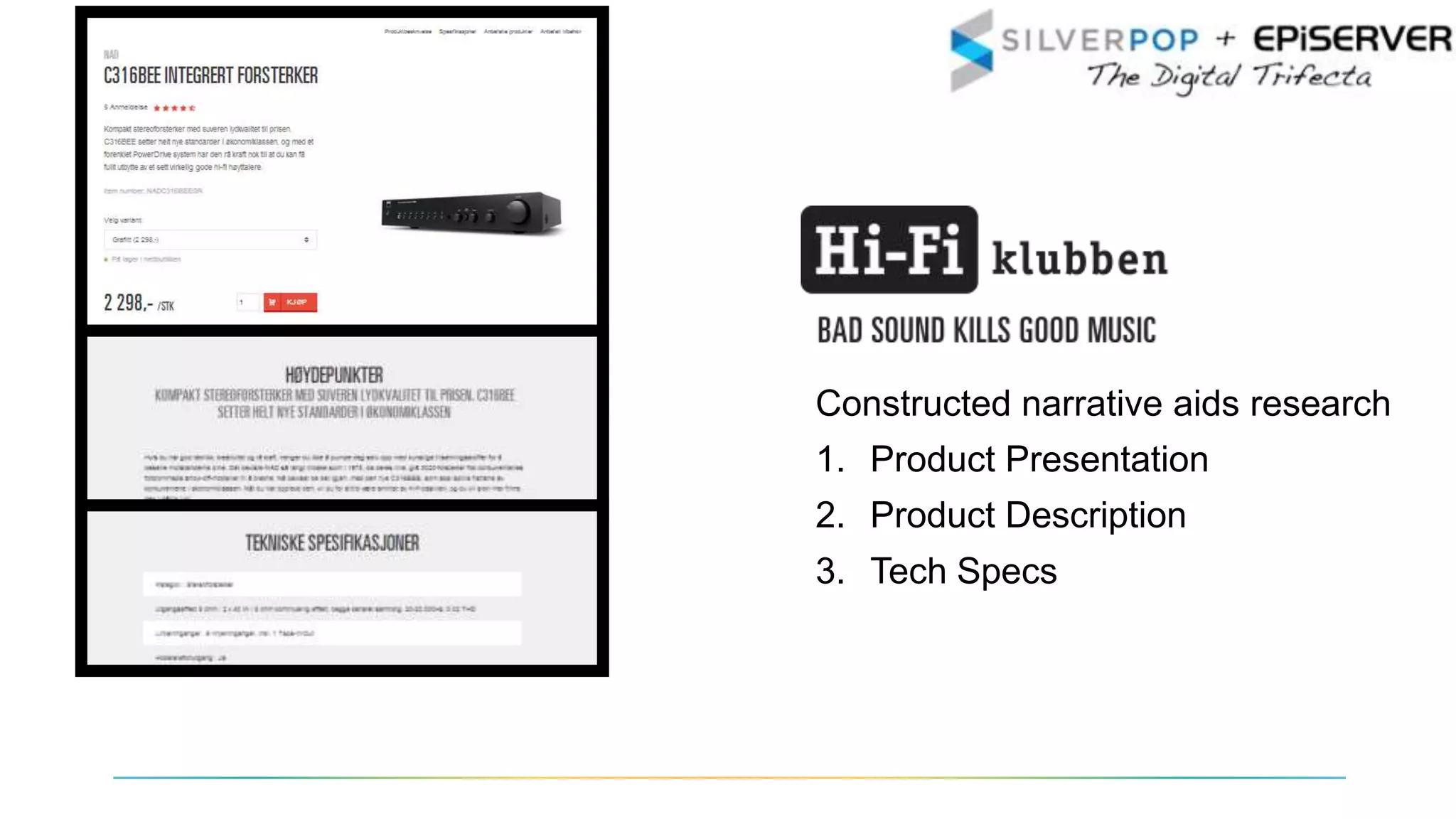 Constructed narrative aids research
1. Product Presentation
2. Product Description
3. Tech Specs
 