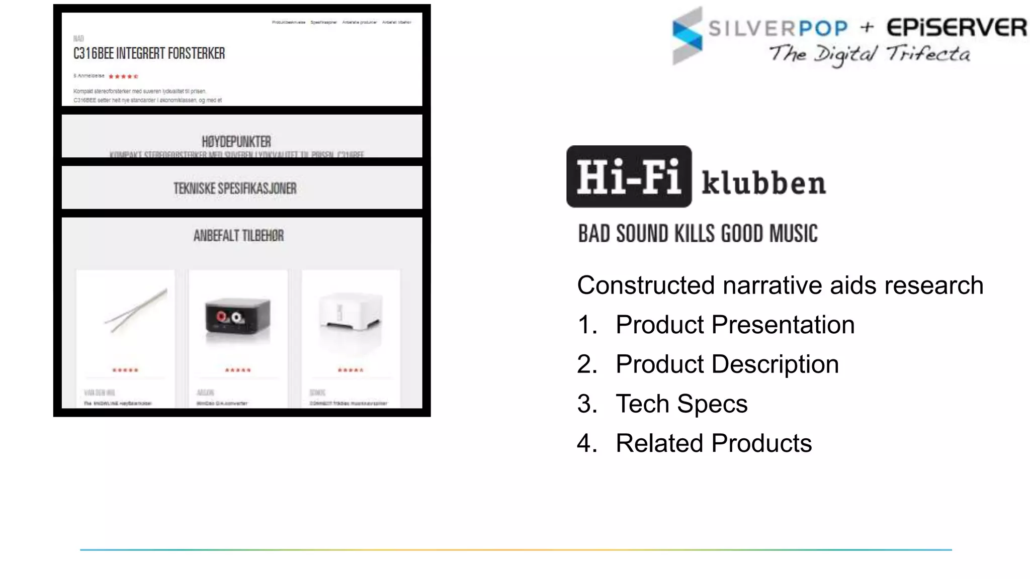 Constructed narrative aids research
1. Product Presentation
2. Product Description
3. Tech Specs
4. Related Products
 