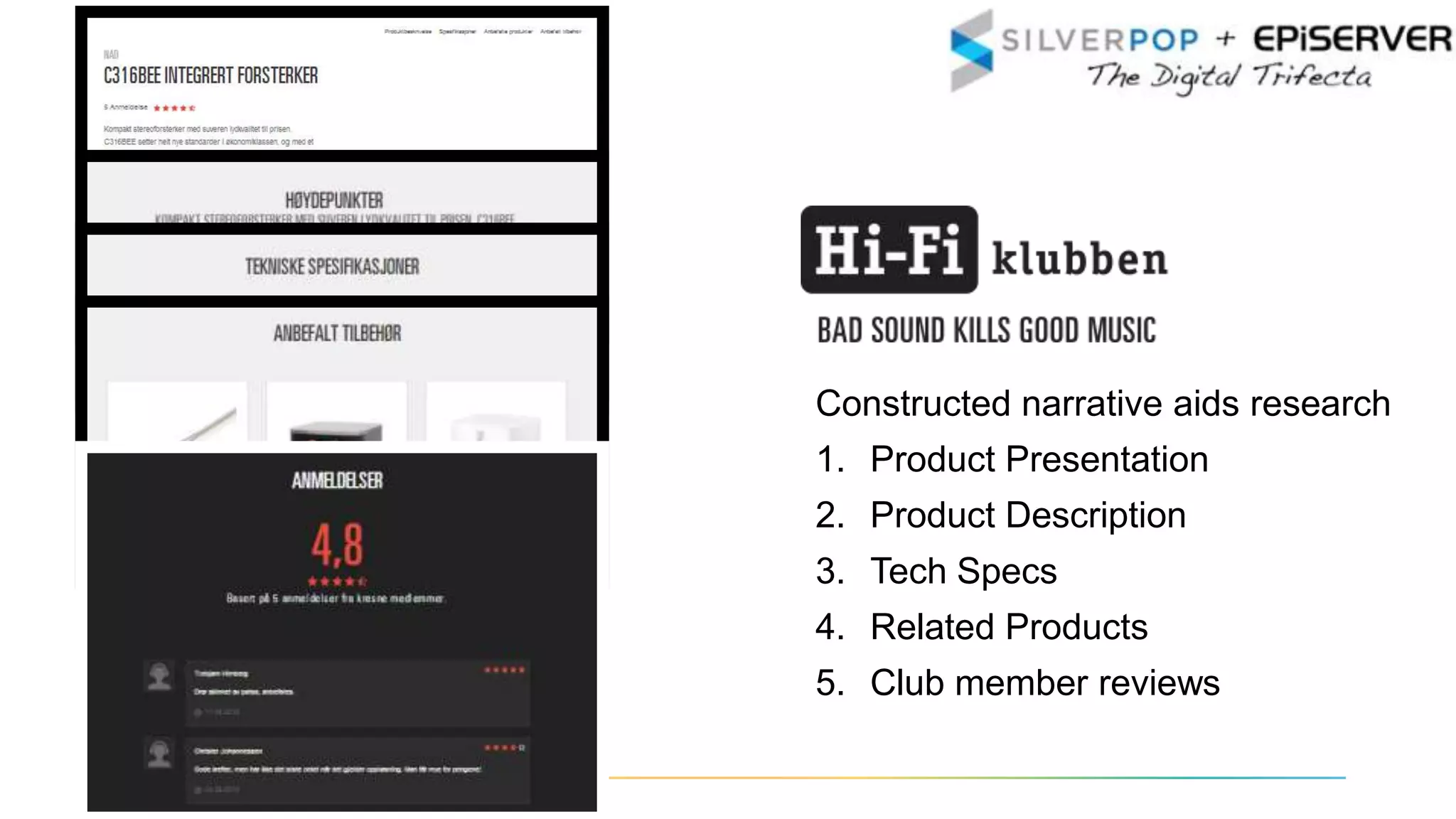 Constructed narrative aids research
1. Product Presentation
2. Product Description
3. Tech Specs
4. Related Products
5. Club member reviews
 