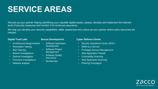 3 © Zacco 2020
We acts as your partner helping identifying your valuable digital assets, assess, develop and implement the relevant
level of security measures and monitor it for continues assurance.
We help you develop your security capabilities, skills, awareness and culture as your partner where extra resources are
needed.
Secure Development
• Software Application
Development
• Software Project
Management
• Software Quality
Assurance
• DevSecOps
Cyber Defence Centre
• Security Operations Center (SOC)
• SIEM as a Service
• Privileged Account Management
• Web Application Firewall
• Vulnerability Scanning
• Web Application Scanning
• Phishing Campaigns
Digital Trust Labs
• Architectural design/reviews
• Penetration Testing
• Red Teaming
• Breach Investigations
• Darknet Investigation
• Forensics investigations
• Malware analysis
SERVICE AREAS
 