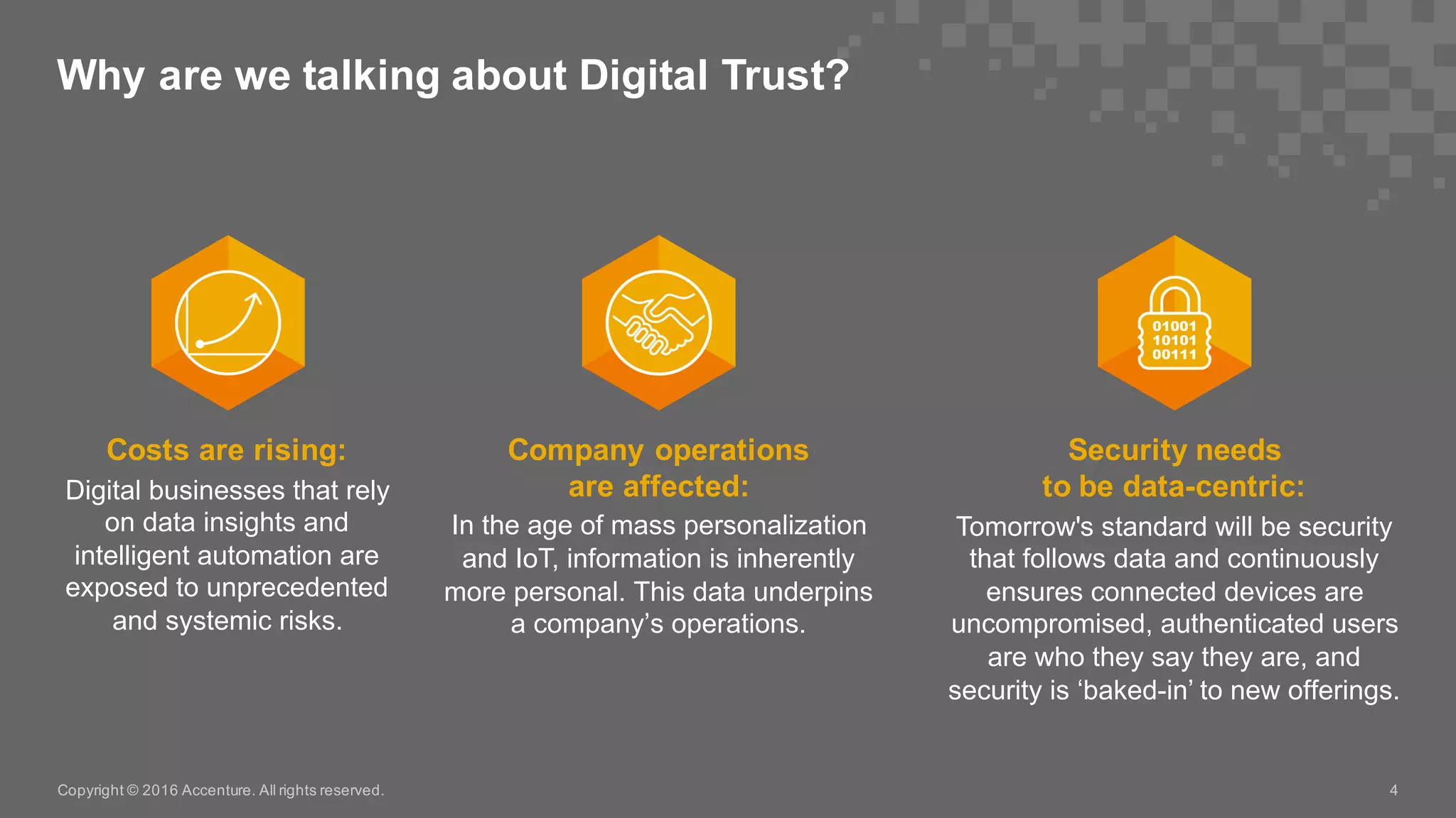 Why  are  we  talking  about  Digital  Trust?  
Copyright  ©  2016  Accenture.  All  rights  reserved. 4
Company  operations  
are  affected:
In  the  age  of  mass  personalization  
and  IoT,  information  is  inherently  
more  personal.  This  data  underpins  
a  company’s  operations.
Security  needs  
to  be  data-­centric:
Tomorrow's  standard  will  be  security  
that  follows  data  and  continuously  
ensures  connected  devices  are  
uncompromised,  authenticated  users  
are  who  they  say  they  are,  and  
security  is  ‘baked-­in’  to  new  offerings.
Costs  are  rising:
Digital  businesses  that  rely  
on  data  insights  and  
intelligent  automation  are  
exposed  to  unprecedented  
and  systemic  risks.
 