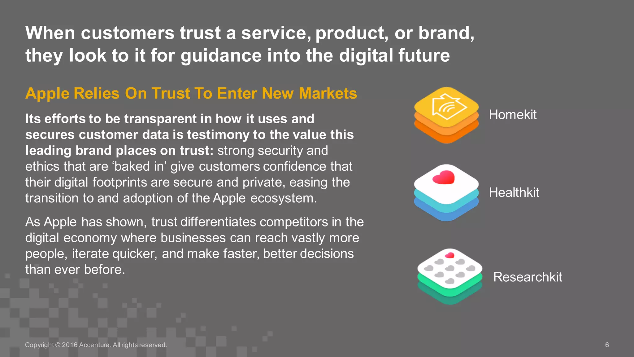 Apple  Relies  On  Trust  To  Enter  New  Markets
Its  efforts  to  be  transparent  in  how  it  uses  and  
secures  customer  data  is  testimony  to  the  value  this  
leading  brand  places  on  trust:  strong  security  and  
ethics  that  are  ‘baked  in’  give  customers  confidence  that  
their  digital  footprints  are  secure  and  private,  easing  the  
transition  to  and  adoption  of  the  Apple  ecosystem.
As  Apple  has  shown,  trust  differentiates  competitors  in  the  
digital  economy  where  businesses  can  reach  vastly  more  
people,  iterate  quicker,  and  make  faster,  better  decisions  
than  ever  before.
When  customers  trust  a  service,  product,  or  brand,  
they  look  to  it  for  guidance  into  the  digital  future
6Copyright  ©  2016  Accenture.  All  rights  reserved. 6
Homekit
Healthkit
Researchkit
 