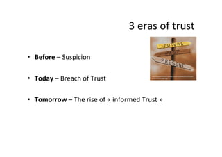 3	
  eras	
  of	
  trust	
  
•  Before	
  –	
  Suspicion	
  
•  Today	
  –	
  Breach	
  of	
  Trust	
  
•  Tomorrow	
  –	
  The	
  rise	
  of	
  «	
  informed	
  Trust	
  »	
  
h_p://eloquentscience.com/wp-­‐content/uploads/2012/05/past-­‐
present-­‐future-­‐sign1.jpg	
  
 