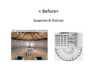 <	
  Before>	
  
Suspicion	
  &	
  Distrust	
  
	
  
18th	
  century	
  Jeremy	
  Bentham’s	
  Panop8con	
  
 